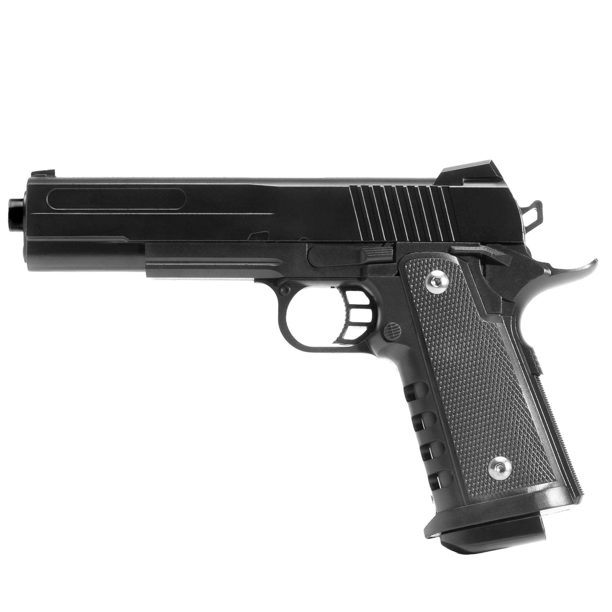 Pistola softair a molla Vigor V304, plastica, POTENZA 0,9 JOULE, caricatore 12 colpi, colpo singolo, 235x155x33mm 360g, bundle 1000 pallini calibro 6mm inclusi