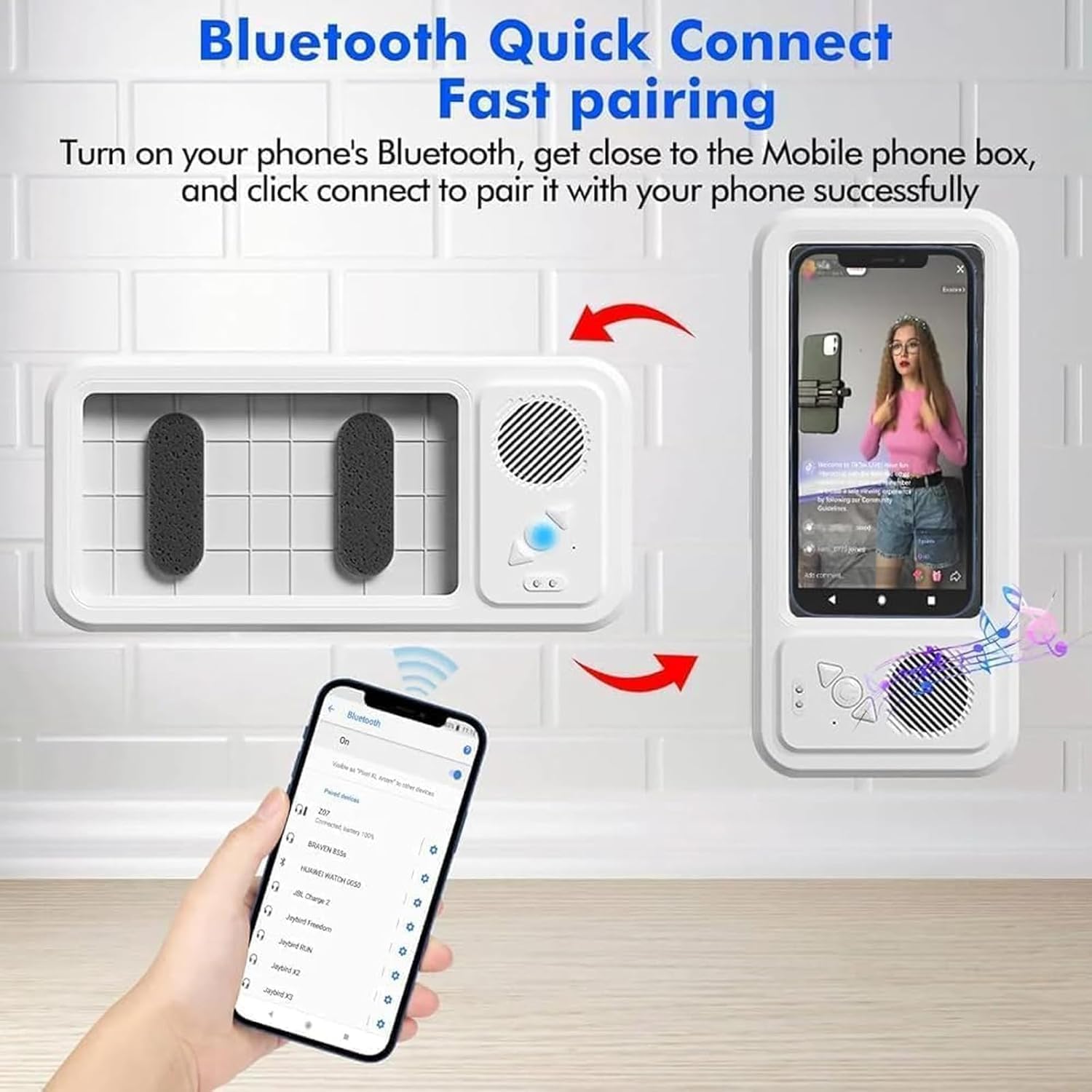 Generisch Waterproof Phone Case with Built-in Bluetooth Speaker, Shower Holder 360° Rotation & Suction Cup Mount, Touch Screen Compatible 4-10 Inch Cell Phones (White)