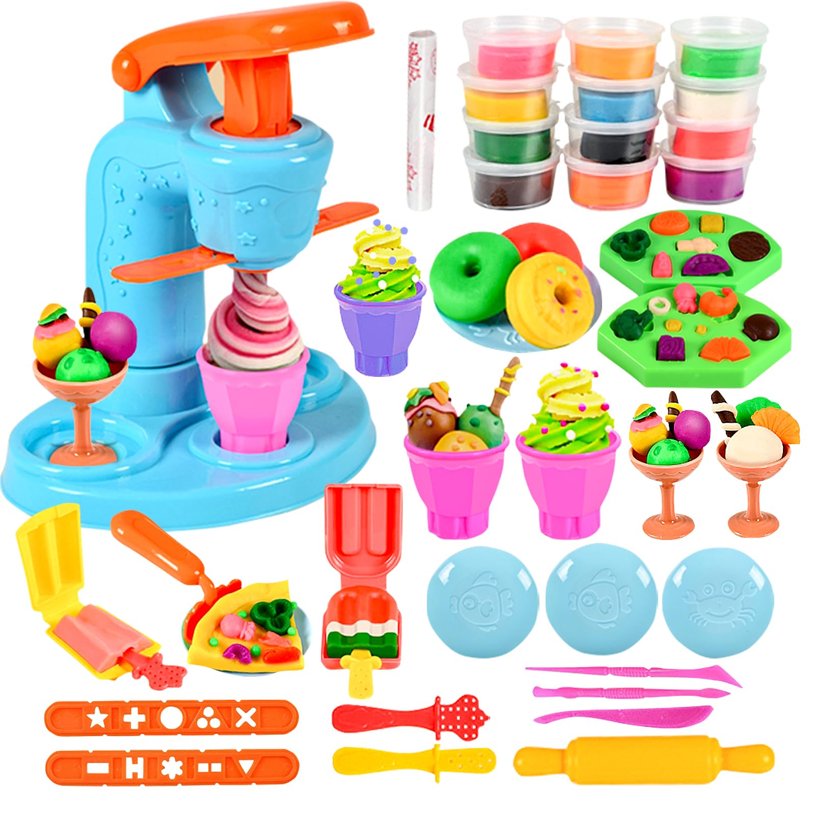 Color Dough Set, 34 PCS Ice Cream Maker Machine Dough Tools, Kitchen Creations Toys Playset for Kids Boys Girls Toddlers Ages 3-8 Birthday (12 Colors Dough Included)