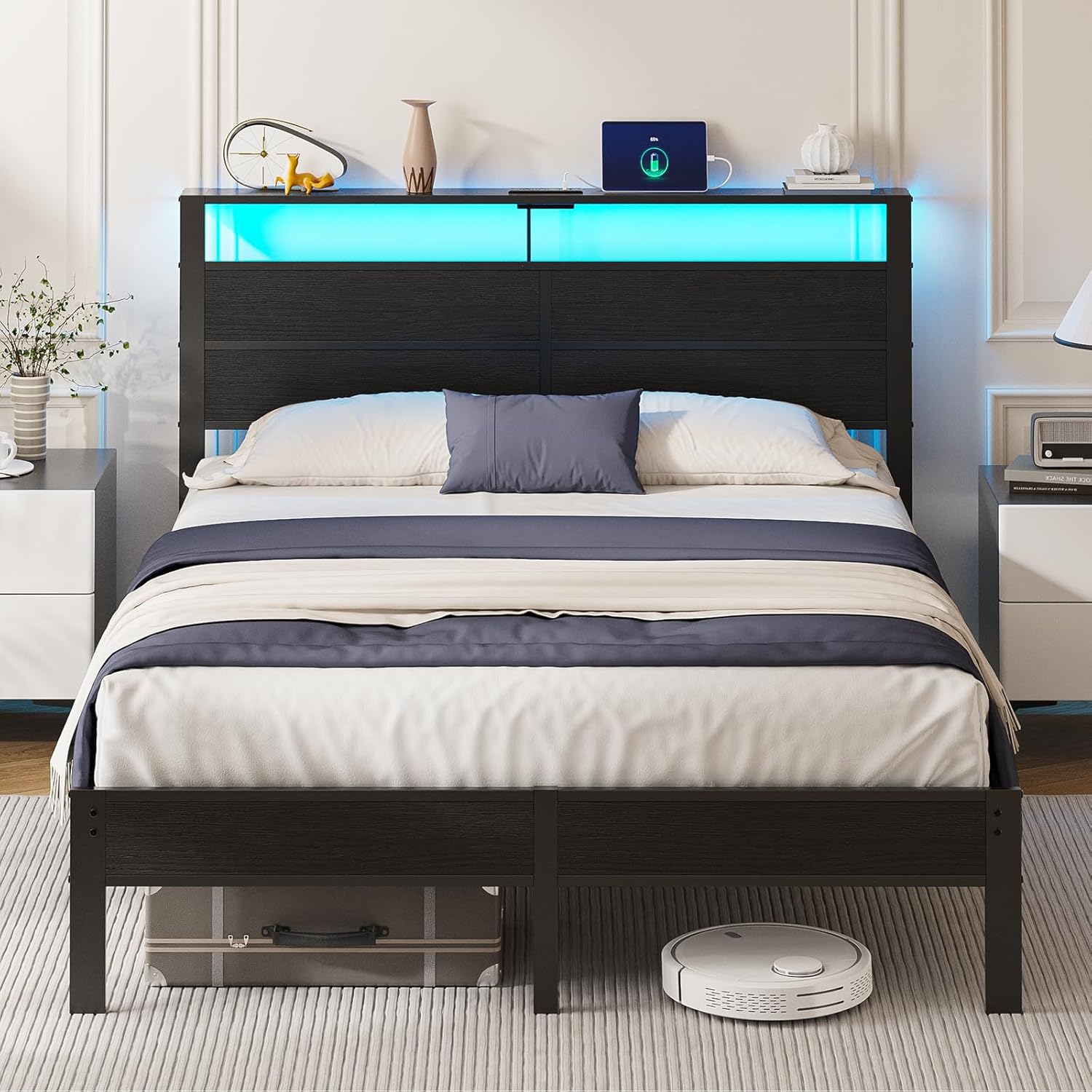 Queen Size Bed Frame with LED Lights, USB Type C Charging Headboard, Black Metal Platform Bed with Storage Shelf, Noise Free Design, No Box Spring Needed