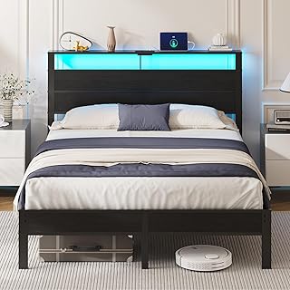 Queen Size Bed Frame with LED Lights and Charging Station Headboard