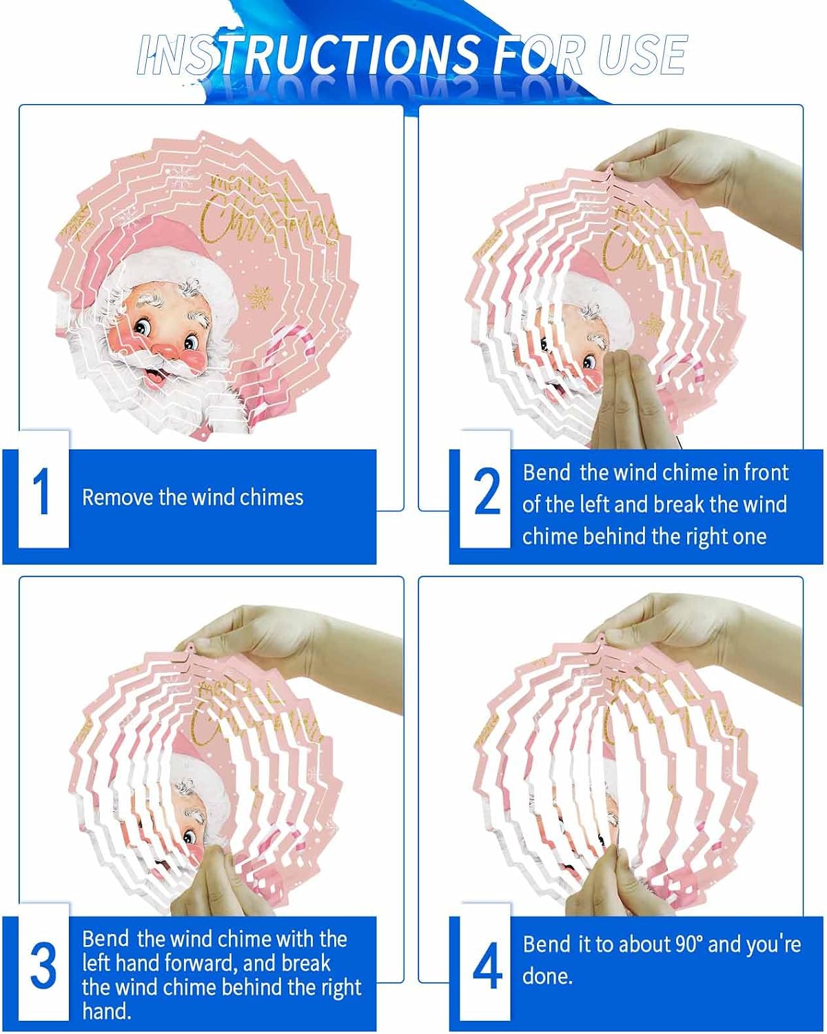 Pink Santa Claus Wind Spinner 3D Stainless Steel, 12 in Sun Shape Double Sided Circle Hanging Wind Spinners, Merry Christmas Snowflakes Candy Garden Art Wind Sculpture for Yard Porch Front Door