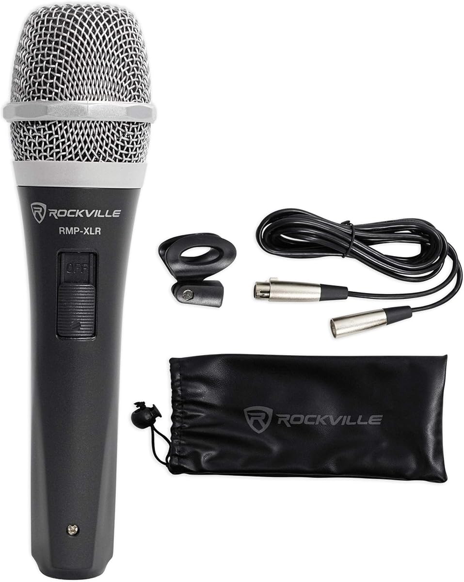 Rockville RMP-XLR Dynamic Cardioid Microphone with 10' XLR Cable, Black | Professional Wired Vocal Mic, On/Off Switch, Steel Mesh Grill, OFC Copper Cable, Includes Clip and Pouch, Studio and Stage
