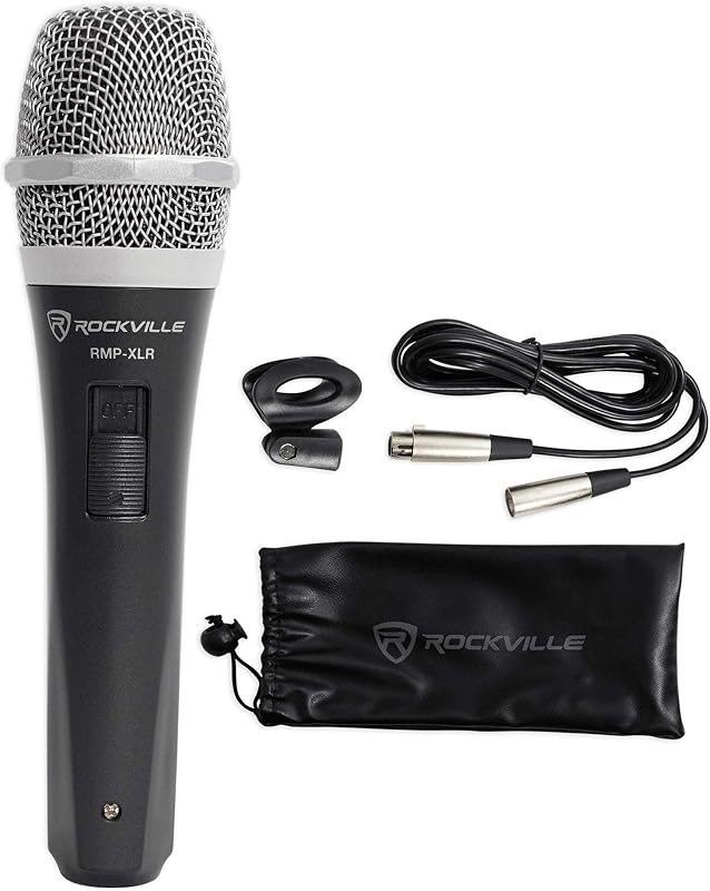 Rockville RMP-XLR Dynamic Cardioid Microphone with 10' XLR Cable, Black | Professional Wired Vocal Mic, On/Off Switch, Steel Mesh Grill, OFC Copper Cable, Includes Clip and Pouch, Studio and Stage