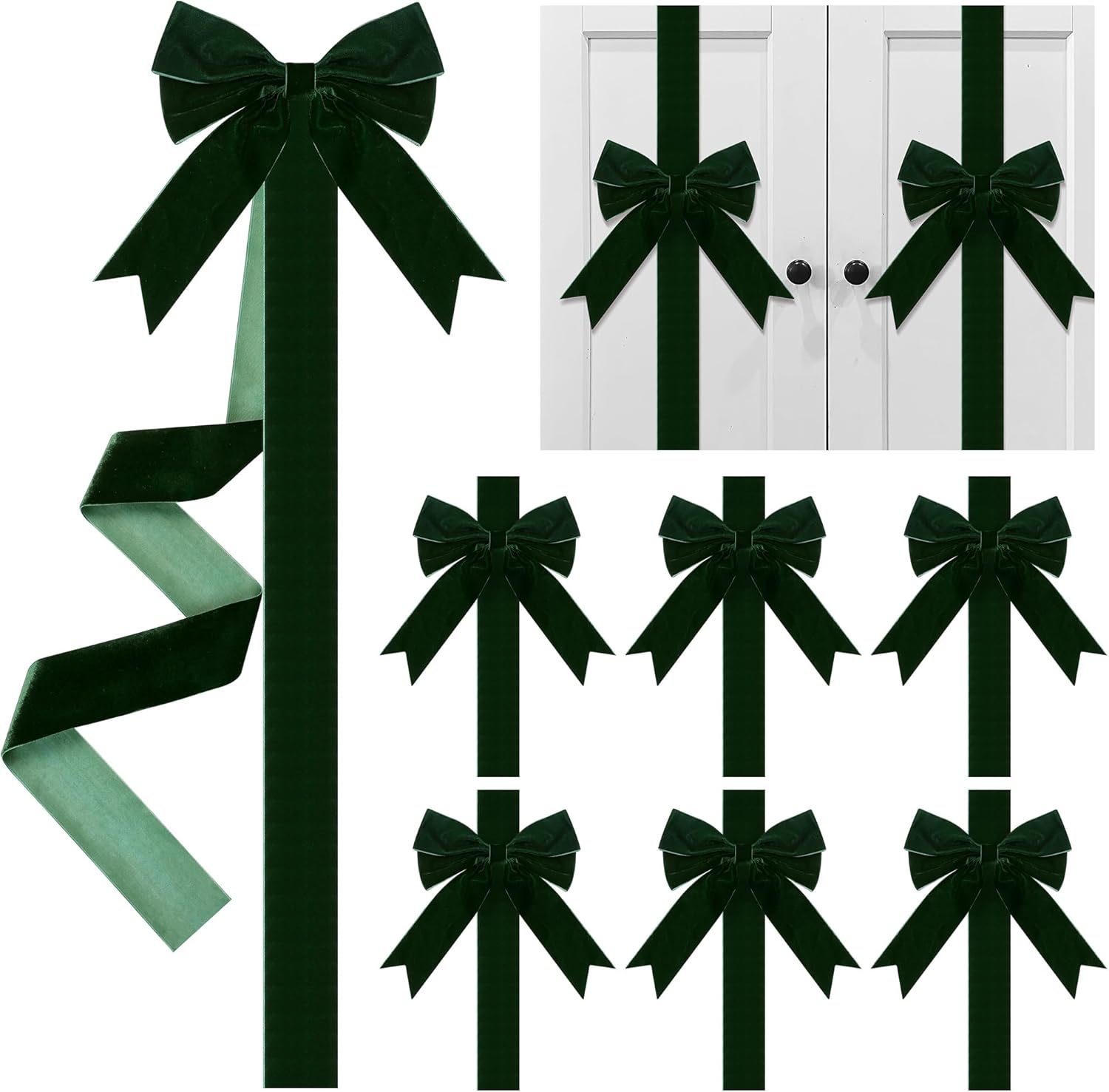 Aneco 6 Pack Christmas Door Ribbon and Bows, Large Christmas Velvet Cabinet Door Bows and Ribbons, Festive Velvet Bow with Hook-and-Loop Fastener for Cabinets Furniture Xmas Party Decorations, Red