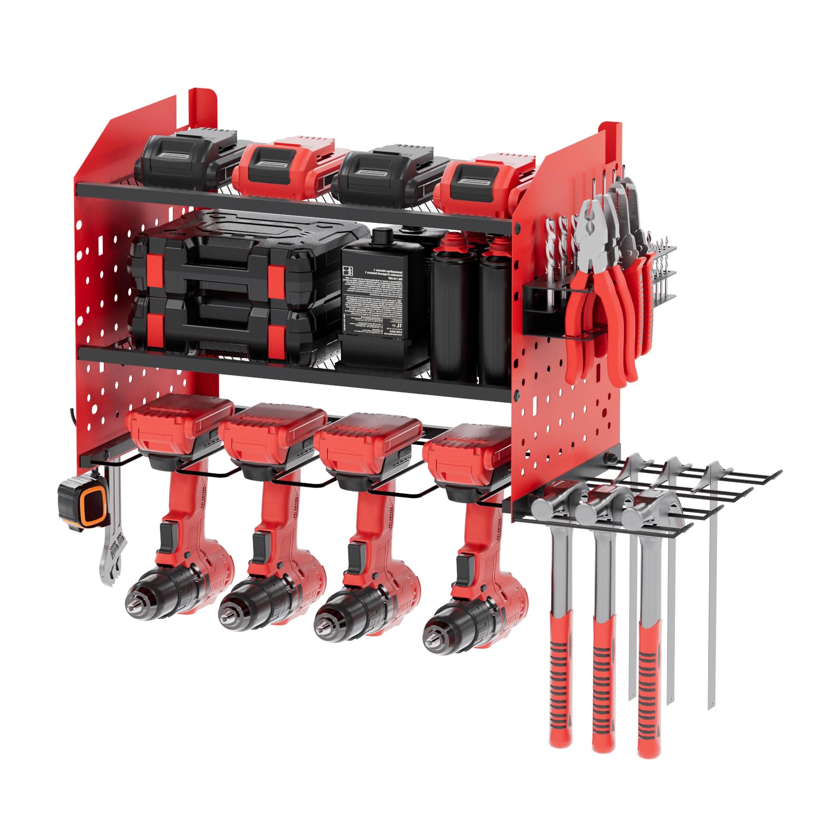 Supporto da parete a 2 livelli, per avvitatore a batteria, per 4 utensili elettrici, ideale per garage e officine (40 x 22 x 30 cm)