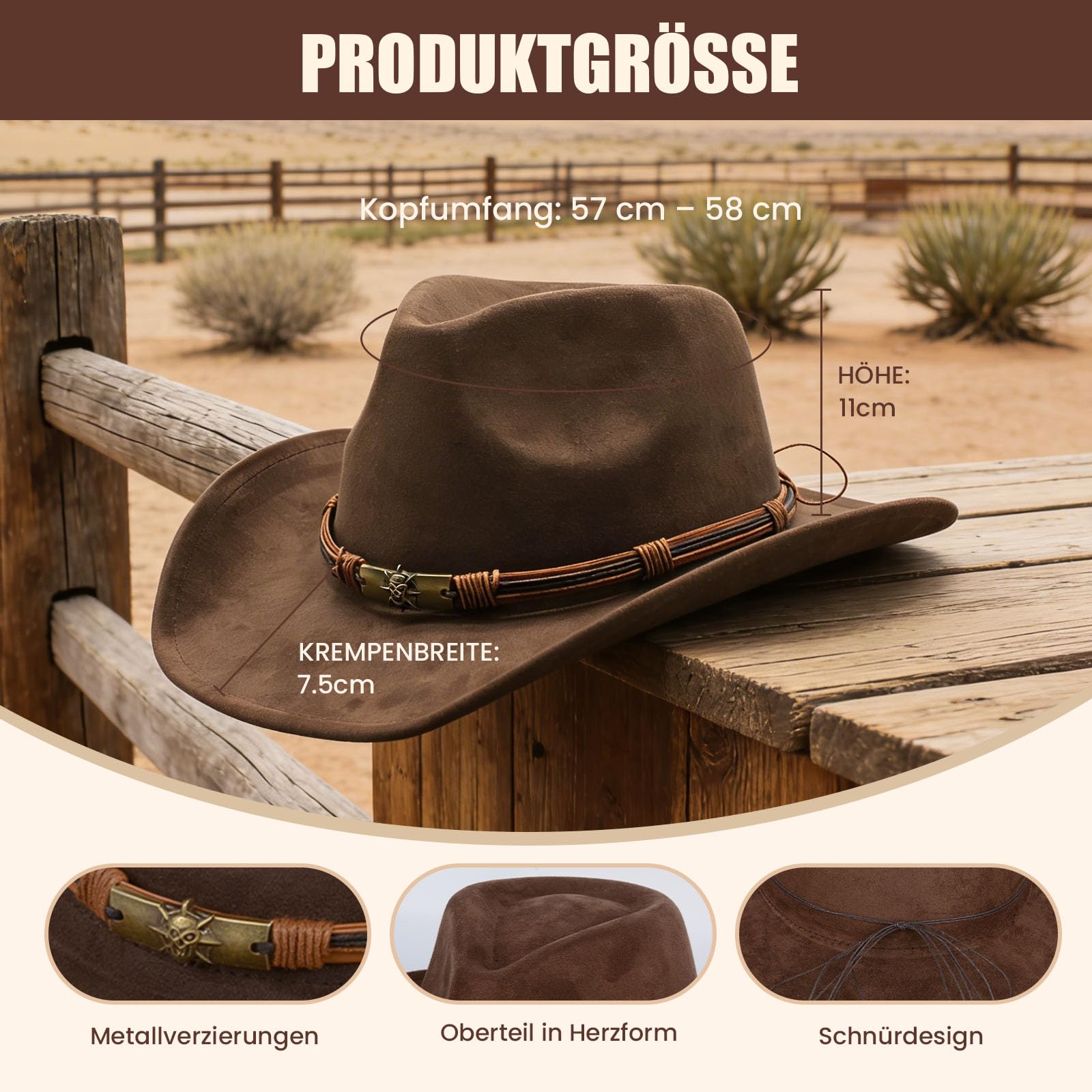 Cowboyhut für Männer und Frauen Breite Krempe im Freien Wildleder Hut Klassische Kaffeefarbe Weich Bequem Verstellbare Größe Mit Metall Schädel Geflochtenes Band