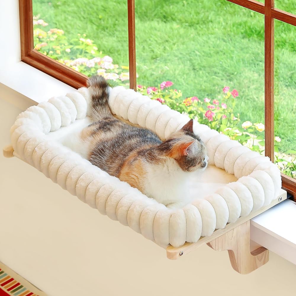 Zakkart SnugCloud Cat Perch for Windowsill (Natural Wood/Cream White, M) | Hook-On Windowsill Mount, All-Around Bolster, Machine Washable Bed, Solid Hardwood & Metal Frame, Support up to 40 lbs