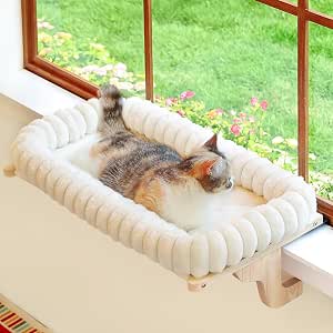 Zakkart SnugCloud Cat Perch for Windowsill (Natural Wood/Cream White, Medium)