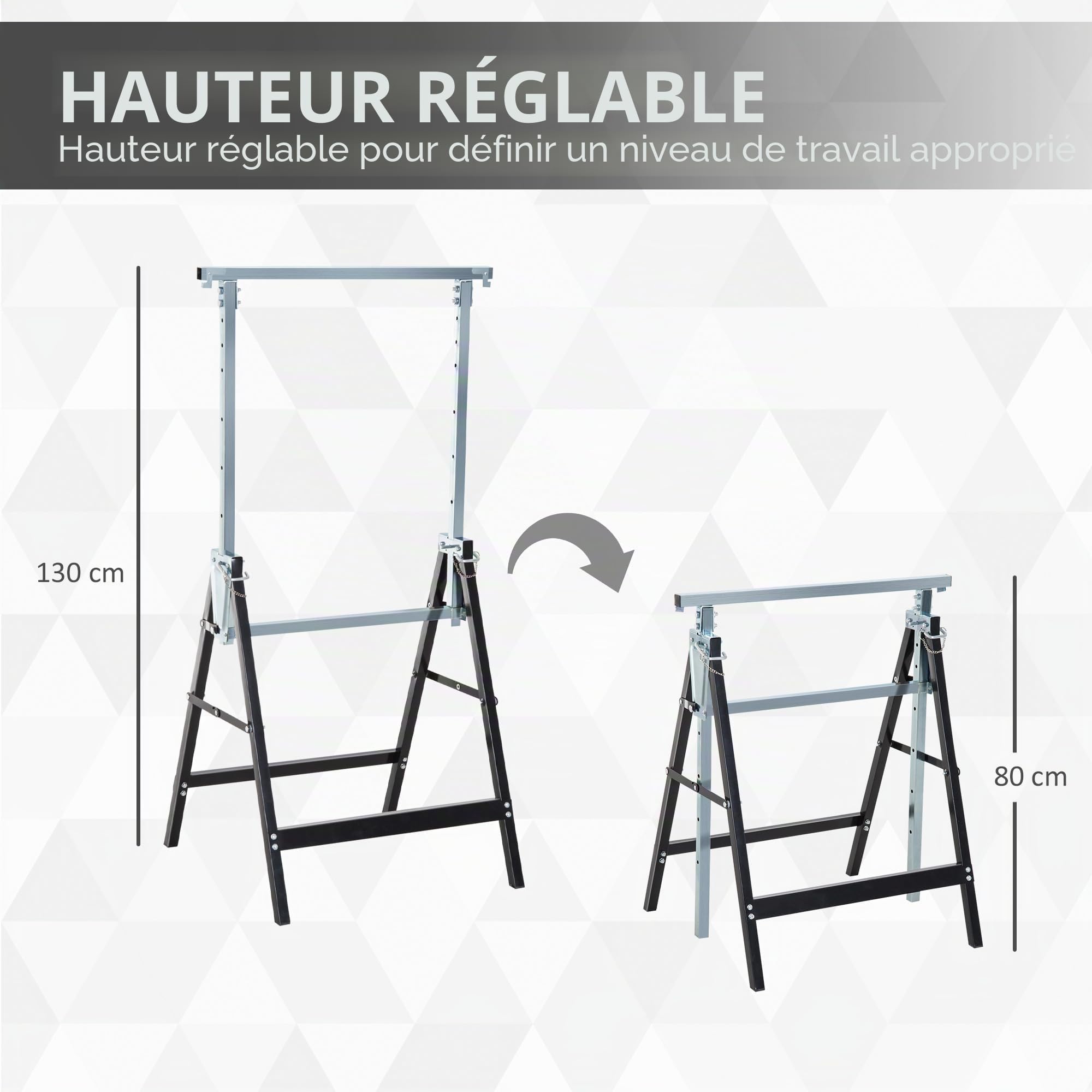 HOMCOM Lot de 2 tréteaux Pliables télescopiques Hauteur réglable 80-130 cm Noir