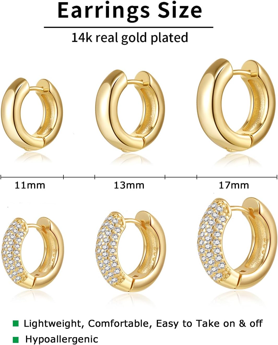 6 Pairs Chunky Small Gold Hoop Earrings Set for Women Men 14K Gold Plated Dainty Hypoallergenic Cz Diamond Hoops Huggie Earring Stack for Mutliple Piercing Ear Cuff Cartilage Earrings Jewelry Gifts - Image 4