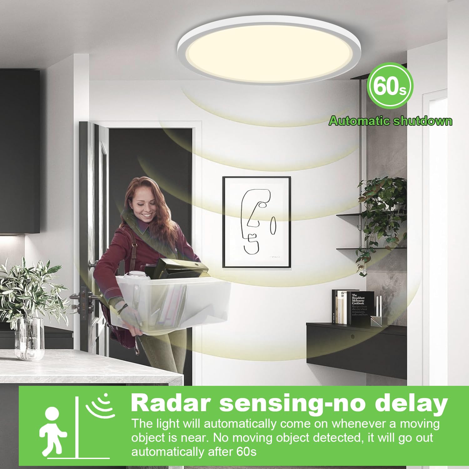Lampa sufitowa LED z czujnikiem ruchu, płaska, okrągła lampa z czujnikiem ruchu wewnątrz, 20W, 4000K, radar, czujnik ruchu, lampa ścienna na balkon, do piwnicy, korytarza, garażu, 23cm