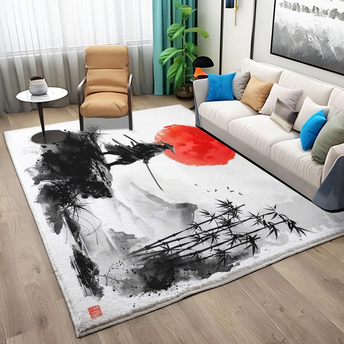 Alfombra antideslizante para sala de estar, 80 x 150 cm, estilo japonés, pintura a tinta, alfombra samurái de sol rojo, alfombra rectangular lavable a máquina, alfombras suaves de pelo bajo para