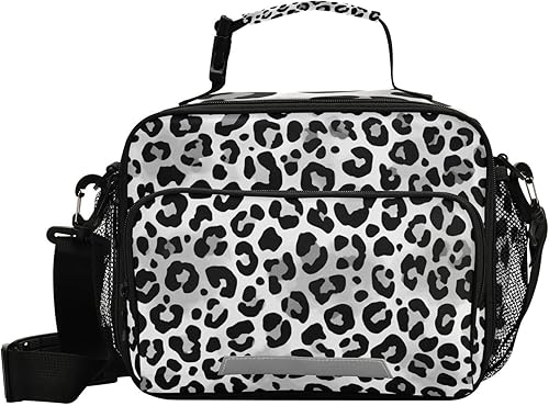Kcldeci Bolsa de almuerzo de colores grises con estampado de leopardo animal, bolsas de almuerzo aisladas, caja de almuerzo reutilizable, bolsa de