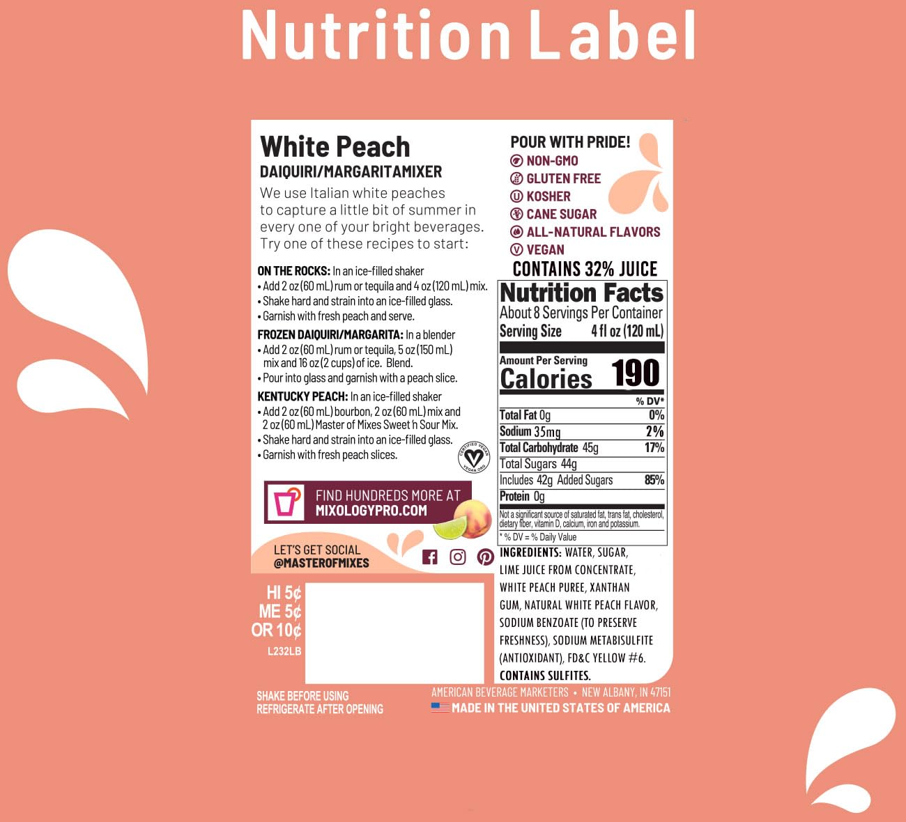 Master of Mixes White Peach Daiquiri/Margarita Drink Mix, Ready To Use, 1 Liter Bottle (33.8 Fl Oz), Pack of 6