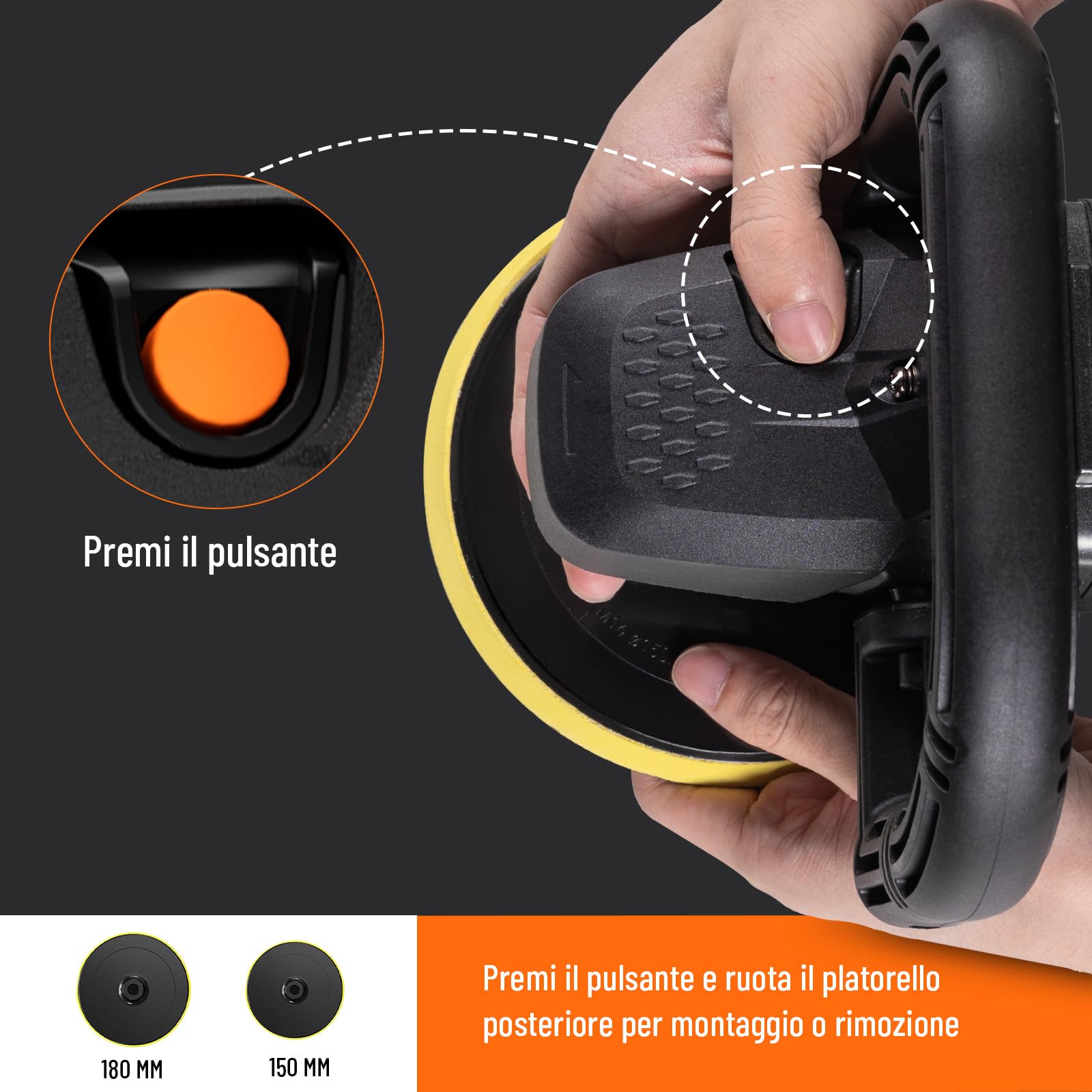 PLS03A Lucidatrice per Auto 1500W, Lucidatrice Rotativa 180 mm/150 mm, 6 Velocità Variabili (600–3000 giri/min), Manico Rimovibile, Kit Lucidatrice per Auto per Car Detailing, Lucidatura e Ceratura