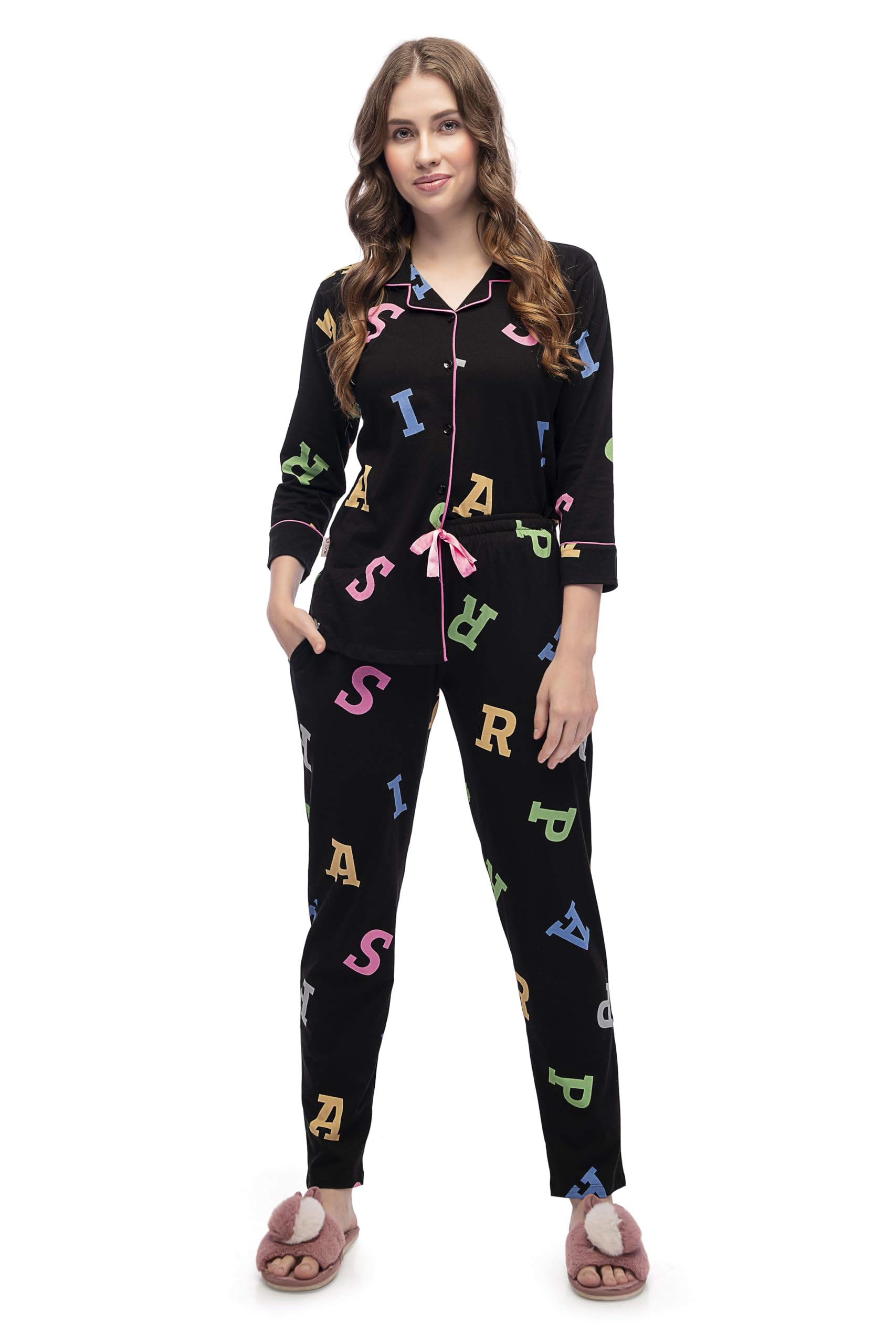 Women's Cotton Alphabet Print Shirt & Payjama Full Sleeve Nightsuit Set-image-27