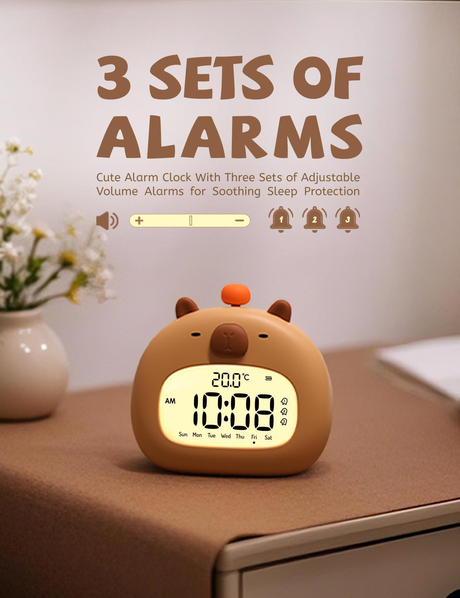 IHALO Capibara Sveglia Bambini, Comodino con Luce Notturna, Display Digitale LED 3,15 Pollici, Tre Allarme, Modalità Weekend, Data, Ora, Temperatura, Ricaricabile, Decorazione Cameretta per Bebè