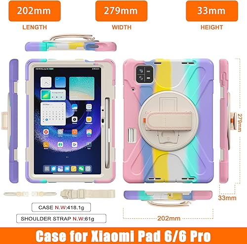Miniatura 9 de Funda para Xiaomi Mi Pad 6Mi Pad 6 Pro, funda resistente a prueba de golpes de 11 pulgadas, soporte giratorio 360, correa de mano, correa de hombro,
