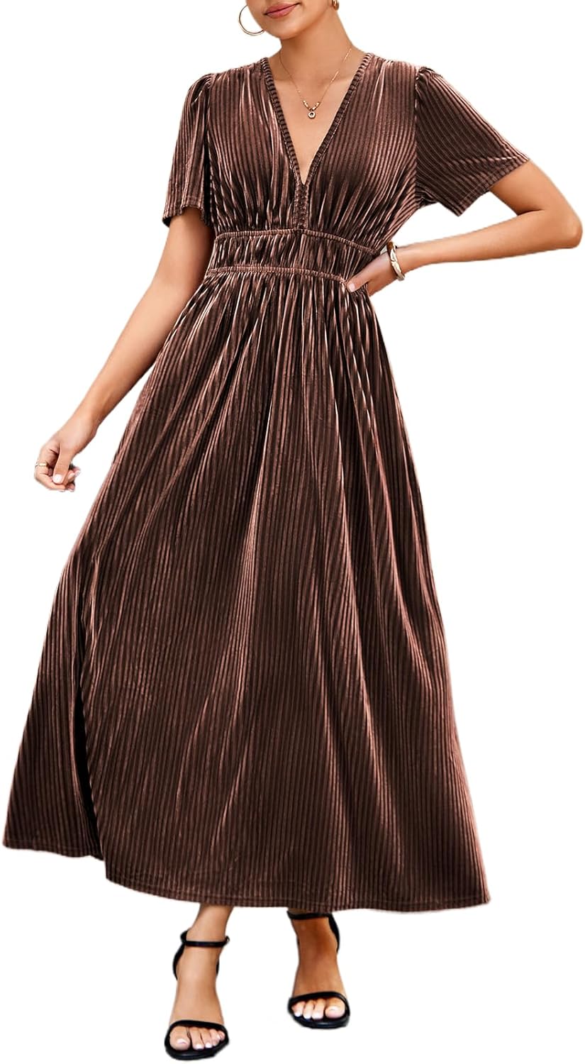 Sissyaki Women's Retro V-Neck Velvet Maxi Dress Wedding Guest Formal Party Long Dresses