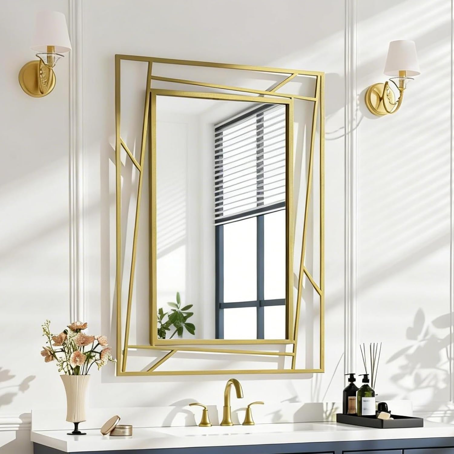 Brushed Gold Bathroom Mirror, 36''X24'' Rectangular Wall Mirrors with Geometric Metal Frame for Bathroom Bedroom Living Room, Hang Horizontally or Vertically