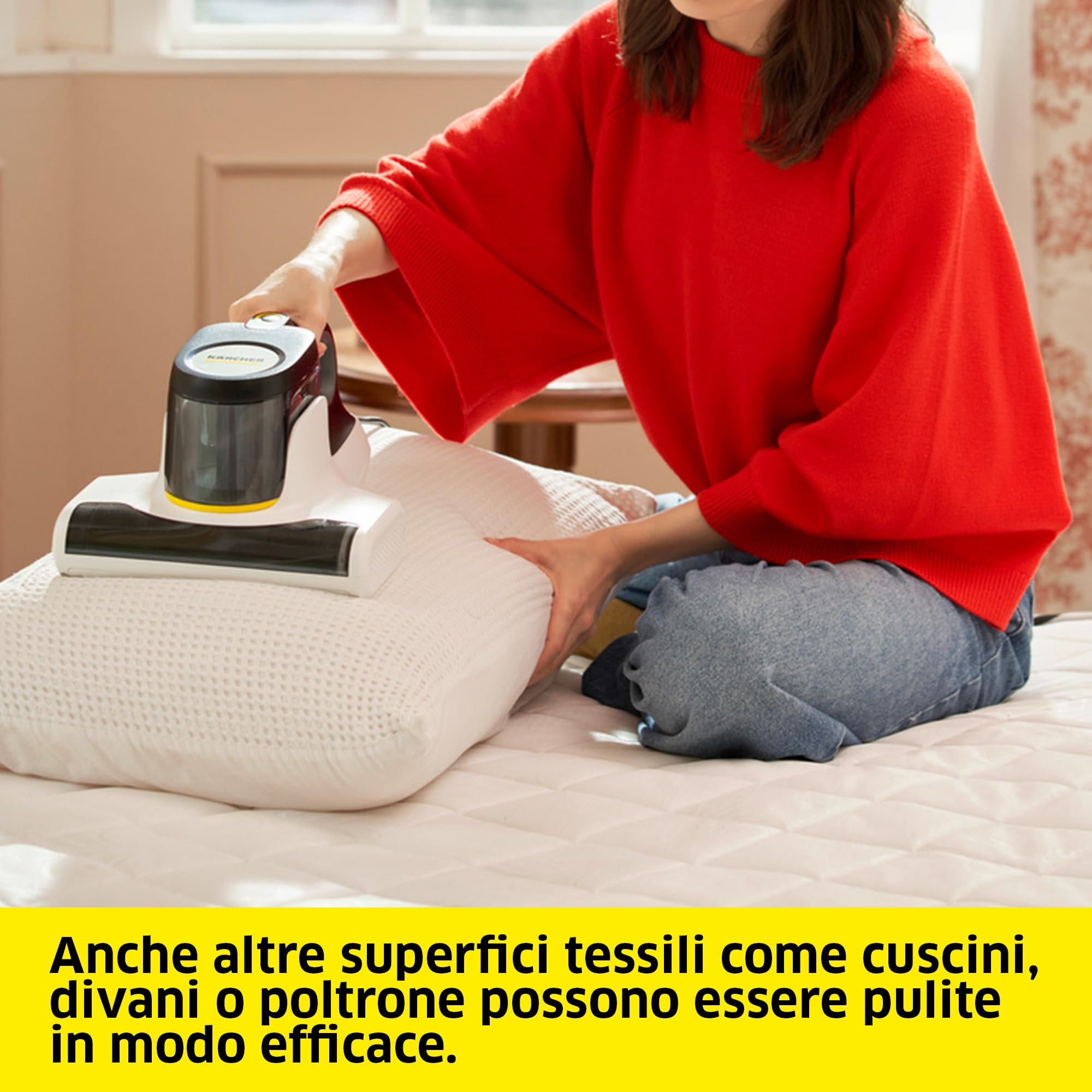 KÄRCHER aspirapolvere per materassi VCH 4 UVClean, pulizia profonda igienica con luce UV-C, rullo battente e funzione aspirante, potenza: 500 Watt, peso: 2,1 kg, elimina acari e batteri, per allergici