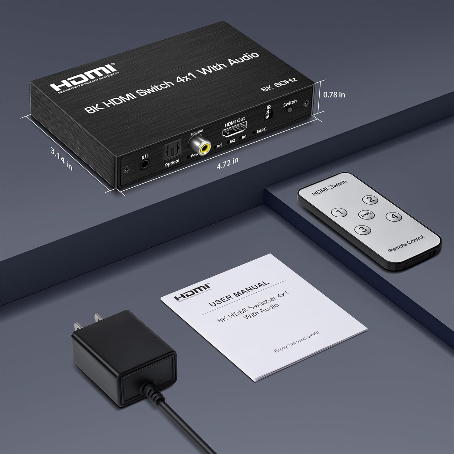 8K@60Hz 4X1 HDMI Switch with eARC/ARC Audio Extractor, Optical, Coaxial & L/R Out, HDMI Switcher Support SPDIF 5.1Ch, 48Gbps, HDCP2.3, HDR, 4 In1 Out HDMI 2.1 Switch with ARC Audio Out for PS4/5, Xbox