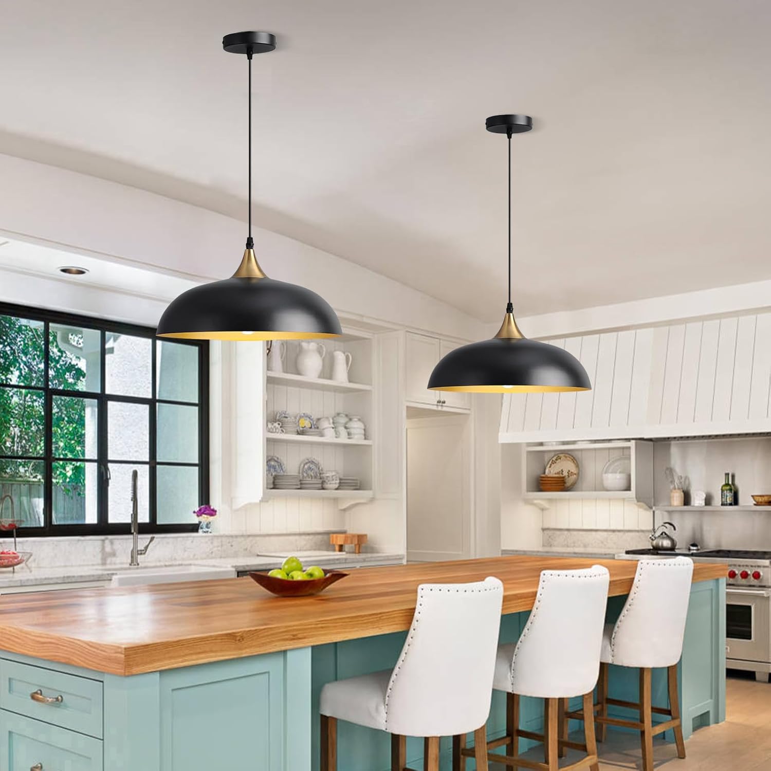 Eustace Vintage Matte Black Large Pendant Light with Gold Finish,Adjustable Modern Hanging Lighting,Farmhouse Metal Ceiling Fixtures for Kitchen Island Dining Room Hallway and Restaurant