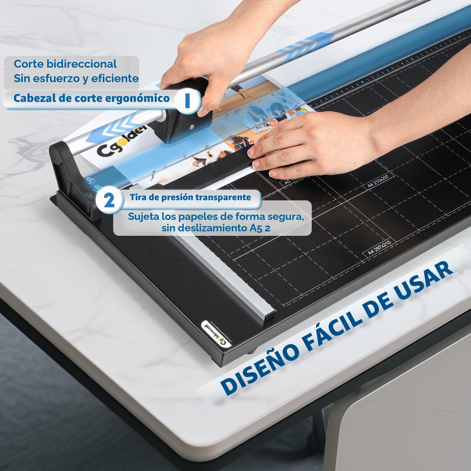 CGOLDENWALL Guillotina de Papel A2 Profesional, Corte para 12 Hojas | con Escala en Pulgadas/cm y Guía de Corte, Cuchilla de Aleación, Corte Seguro para Oficina, Escuela, Empresa y DIY