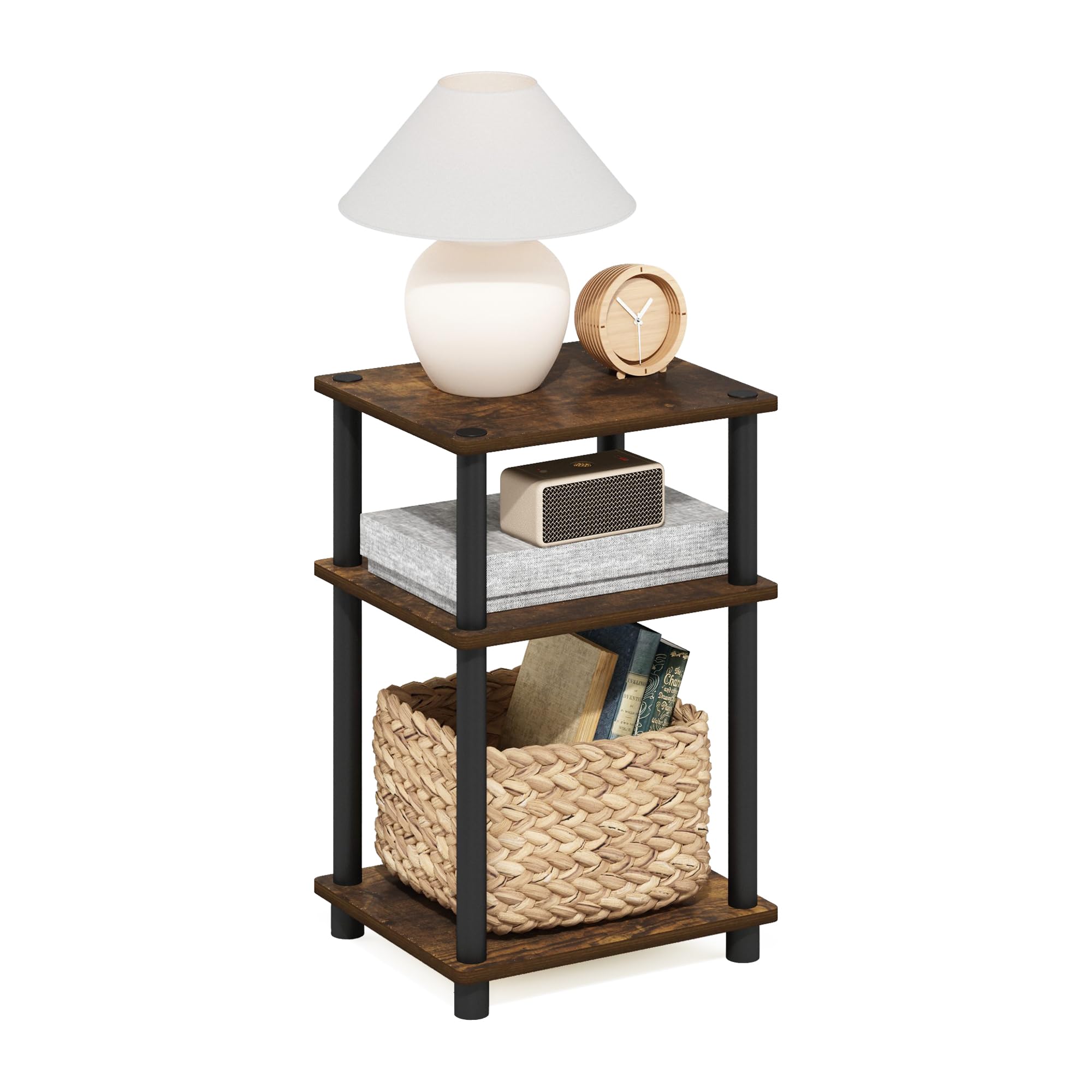 Furinno JUST Side Table, 3-Tier End Table, Open Shelves Night Stand, Bedside Table, Toolless Assembly, for Living Room, Bedroom, Amber Pine