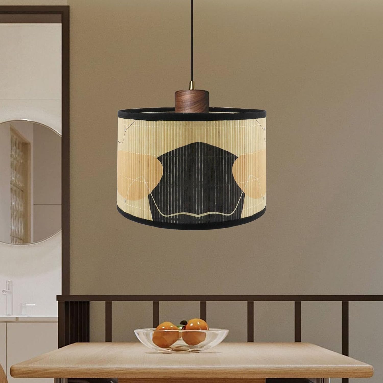 Crapyt E27 Drum Wood Lampshade, 11.8" × 11.8" × 7.87" Round Removable Lamp Cover, Vintage Geometric Pattern Lampshades Applicable to Table/Floor/Ceiling/Wall Lamp, Pattern 2