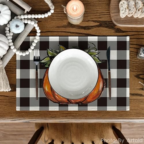 Miniatura 2 de Artoid Mode Juego de 4 manteles individuales de otoño con diseño de calabaza a cuadros de búfalo de 12 x 18 pulgadas para decoración de fiestas,