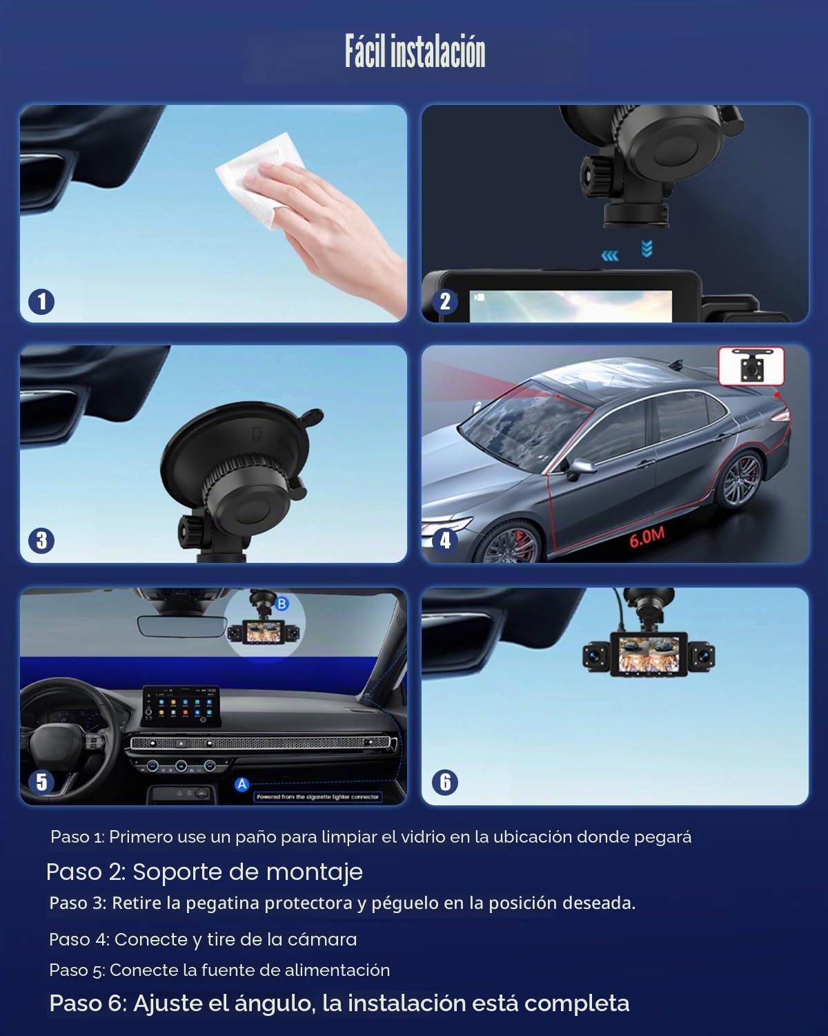 Dashcam de 4 Canales, Delantera y Trasera, 1080p, con WiFi, Tarjeta SD de 64 GB, Pantalla IPS de 3", Gran Angular, Visión Nocturna IR 8, Sensor G, Cámara para Salpicadero con Grabación en Bucle