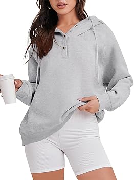 ANRABESS Womens 2023 Hooded Button Collar Drawstring Hoodies Pullover Sweatshirts Casual Long Sleeve Tops Shirts