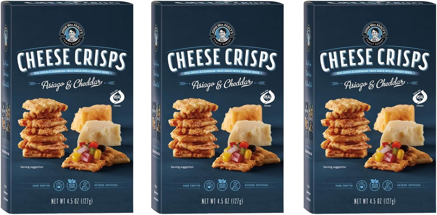 John Wm. Macy - Asiago & Cheddar Cheesecrisps - Handmade, Non-GMO & Artificial Nothing - Made with Real Cheese - 4.5 Oz Boxes - Pack of 3