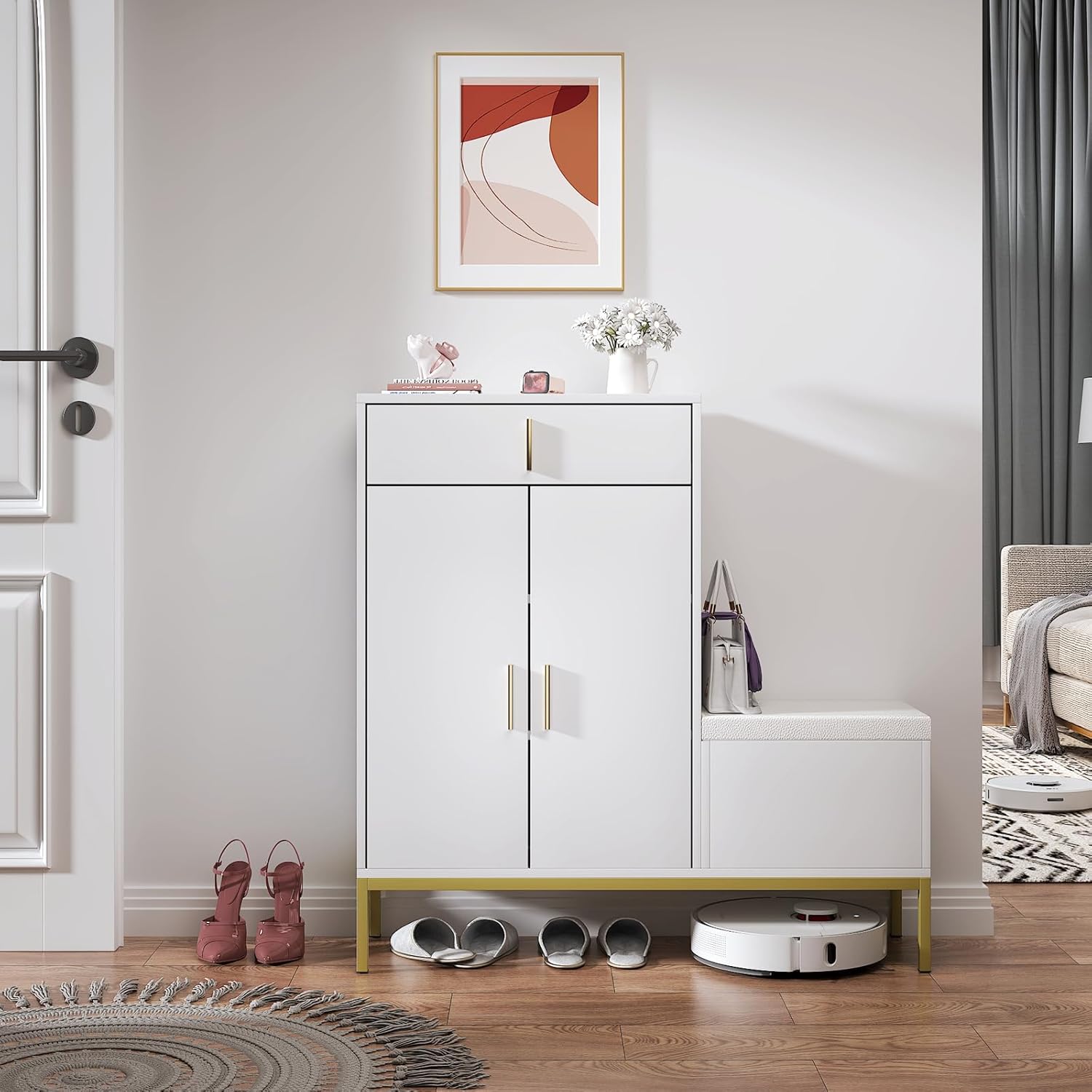 HedoAjim L-Shaped Shoe Storage Cabinet with Bench, Entryway Shoe Cabinet with Drawer, Modern Freestanding Shoes Organizer Cabinet for Entryway Hallway Front Door, White