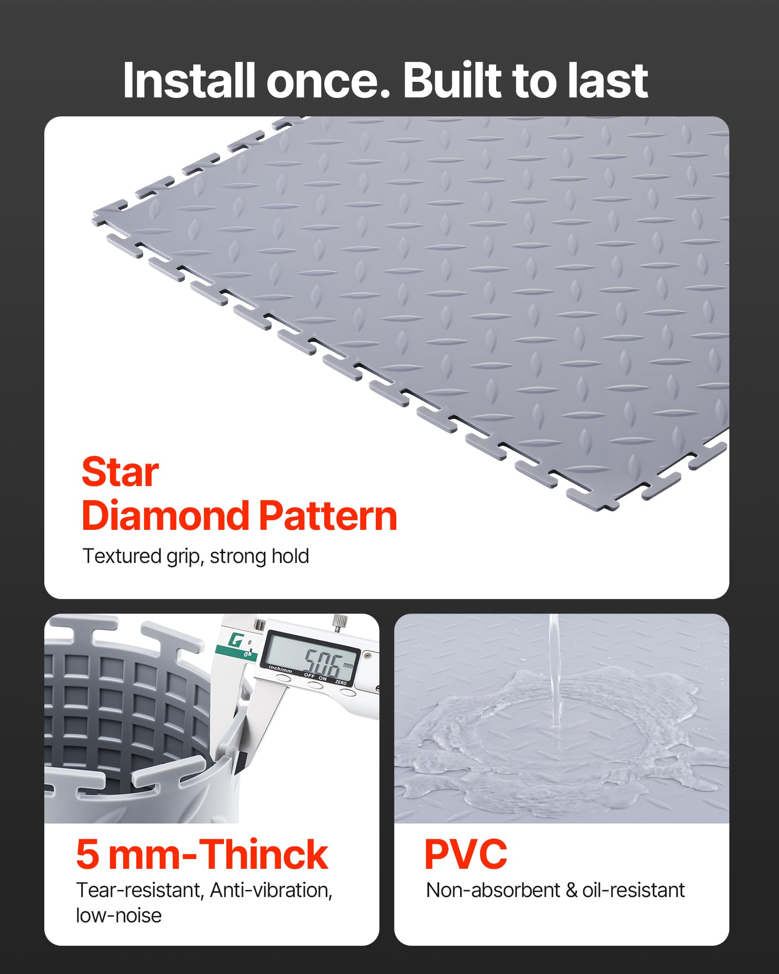 VEVOR Suelo de PVC Antideslizante para Garaje, Paquete de 16 Unidades de 513 x 513 x 5 mm, Instalación por Clic, con Patrón de Diamante para Taller, Almacén, Cuarto de Herramientas, Gris Claro