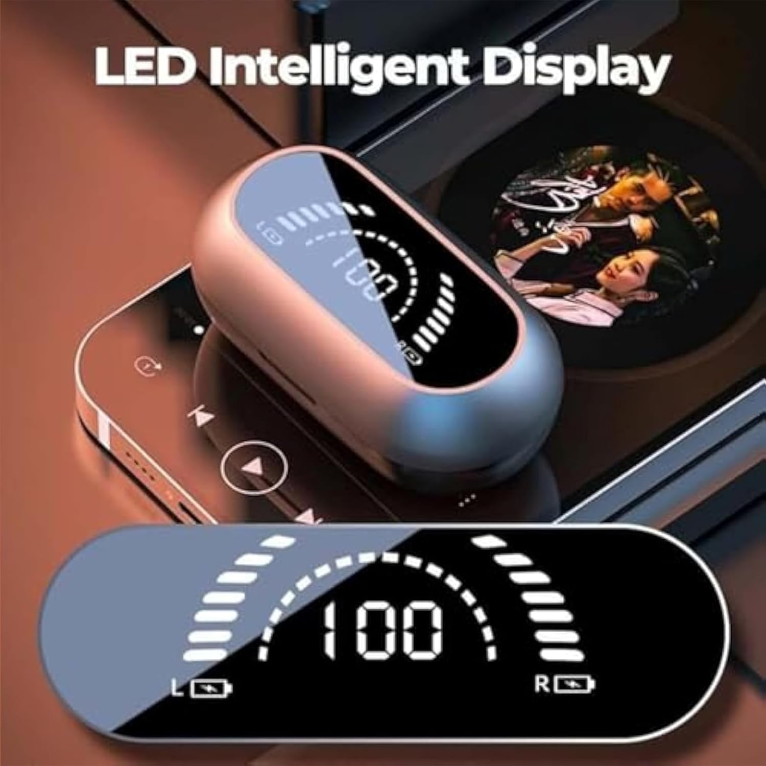 Close-up of the charging case with its LED intelligent display showing battery percentage.