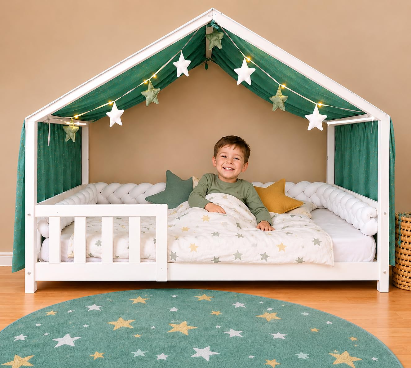 YellowNest Toile de Lit Cabane - Ciel de Lit Cabane 90x190 cm ou 90x200 cm - 100% Mousseline de Coton - sans Guirlande (Eucalyptus, 130 x 400 cm)