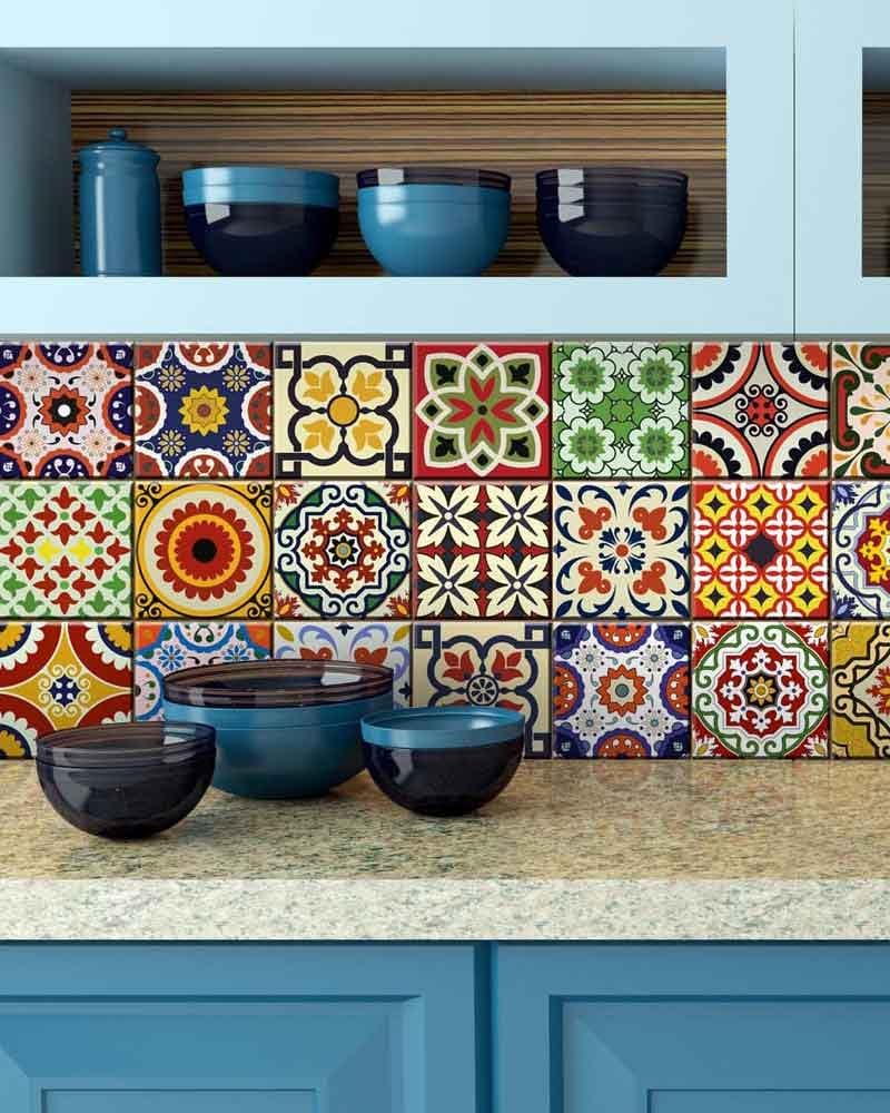 Tile Stickers 24 PC Set Authentic Traditional Talavera Tiles Stickersl Bathroom & Kitchen Tile Decals Easy to Apply Just Peel & Stick Home Decor 8x8 Inch (Tile Textures)