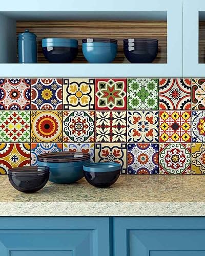 Miniatura 7 de Calcomanías para azulejos, juego de 24 piezas, auténticas baldosas tradicionales de Talavera, calcomanías para azulejos de baño y cocina, fáciles de
