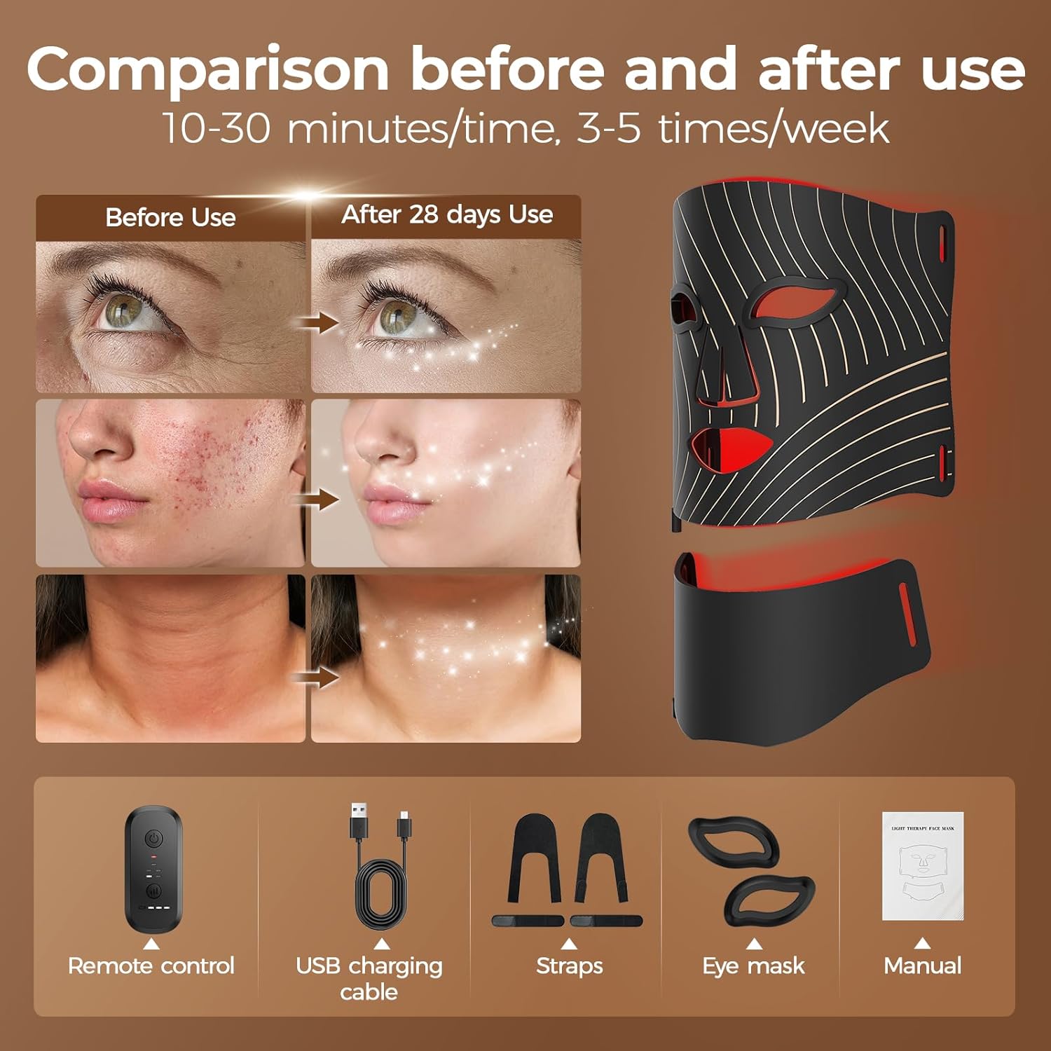 Red Light Therapy for Face,LED Face Mask Light Therapy with Neck Device,103 3-in-1 Light Beads,Remoter Rechargeable,Timing Function,Infrared Red Light Therapy Mask for Home Working Travel Yoga Sleep - Image 2