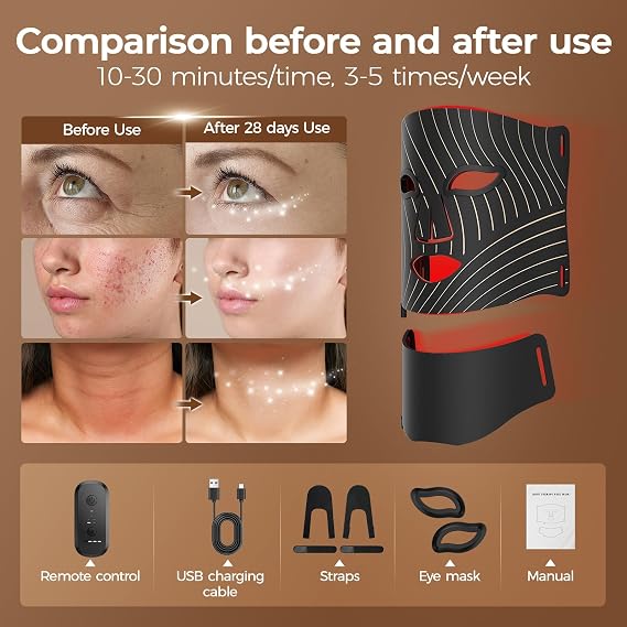 Red Light Therapy for Face,LED Face Mask Light Therapy with Neck Device | 103 3-in-1 Light Beads,Remoter Rechargeable,Timing Function,Infrared Red Light Therapy Mask for Home
