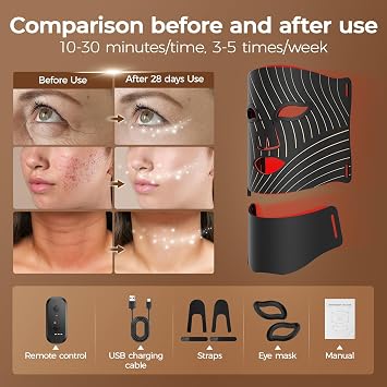 Red Light Therapy for Face,LED Face Mask Light Therapy with Neck Device | 103 3-in-1 Light Beads,Remoter Rechargeable,Timing Function,Infrared Red Light Therapy Mask for Home