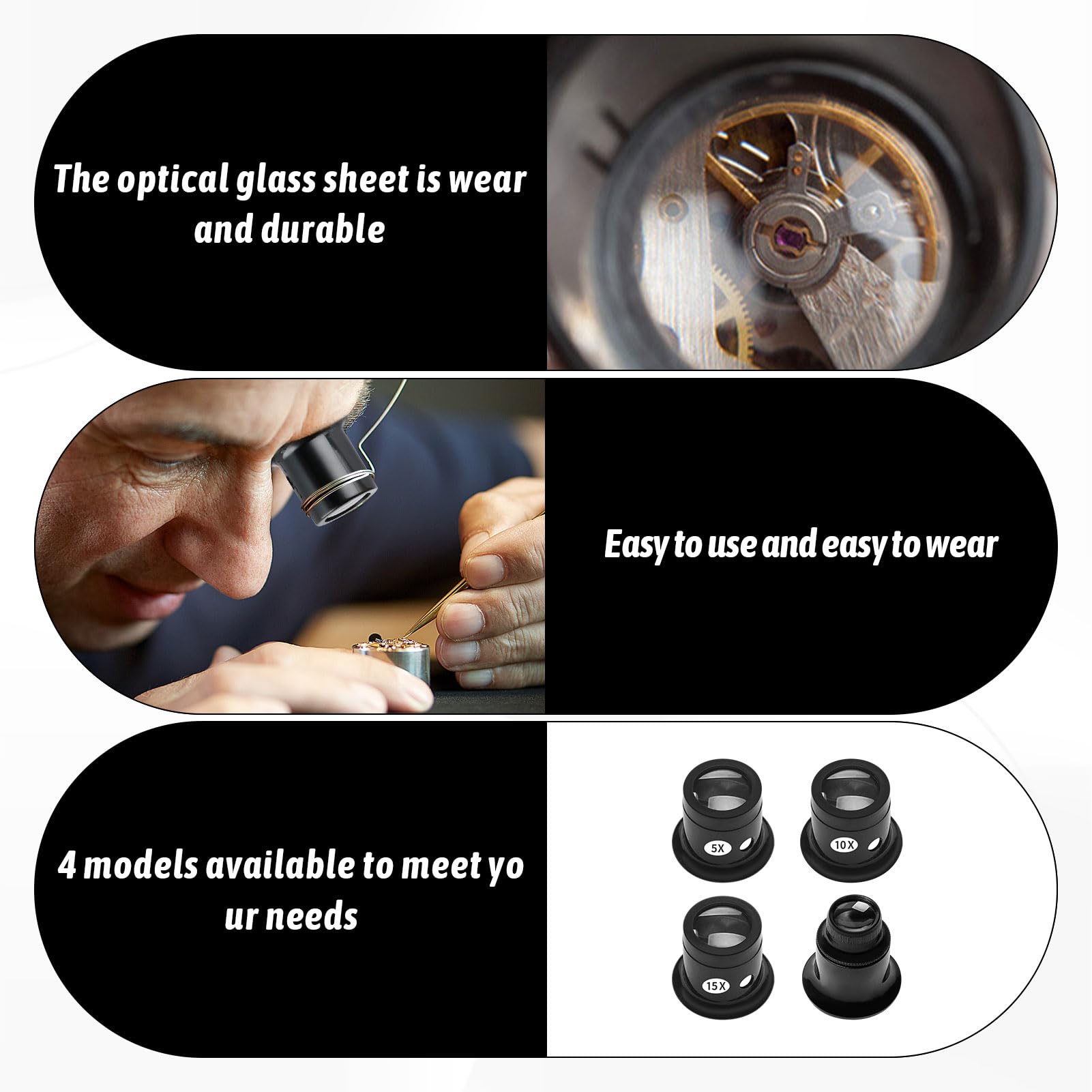 4 PCS Jewellery Magnifying Glass,Jewelers Loupe with Eyepiece Steel Ring Adjustable Headband,Professional Jewellers Magnifying Glass 5X 10X 15X 20X - Image 3