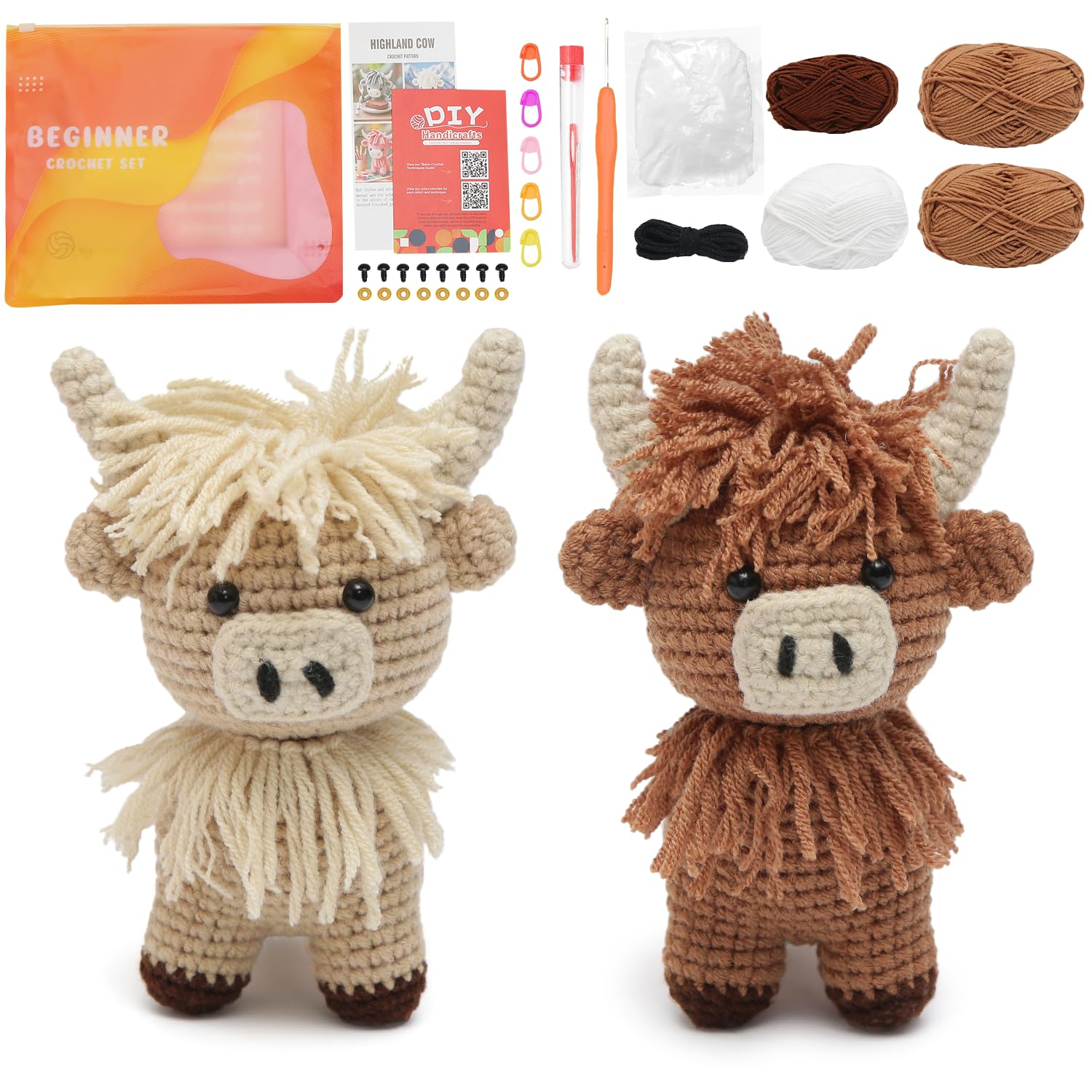 GONELYON Crochet Kit for Beginners, 2 PCS Crochet Animal Kit Highland Cattle, with Step-by-Step Video Tutorials, Beginner Crochet Kit for Adults, DIY Amigurumi Animal Craft Kit - 1