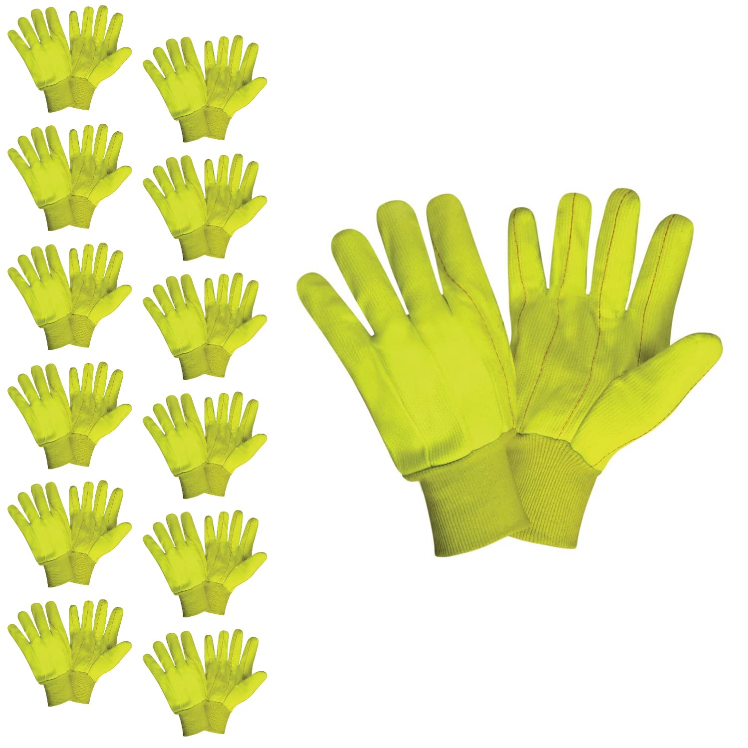 Cordova 2850CD Hi-Vis Lime Double Palm Gloves, 100% Cotton Corded Canvas, Lime Knit Wrist, Large, 12-Pack