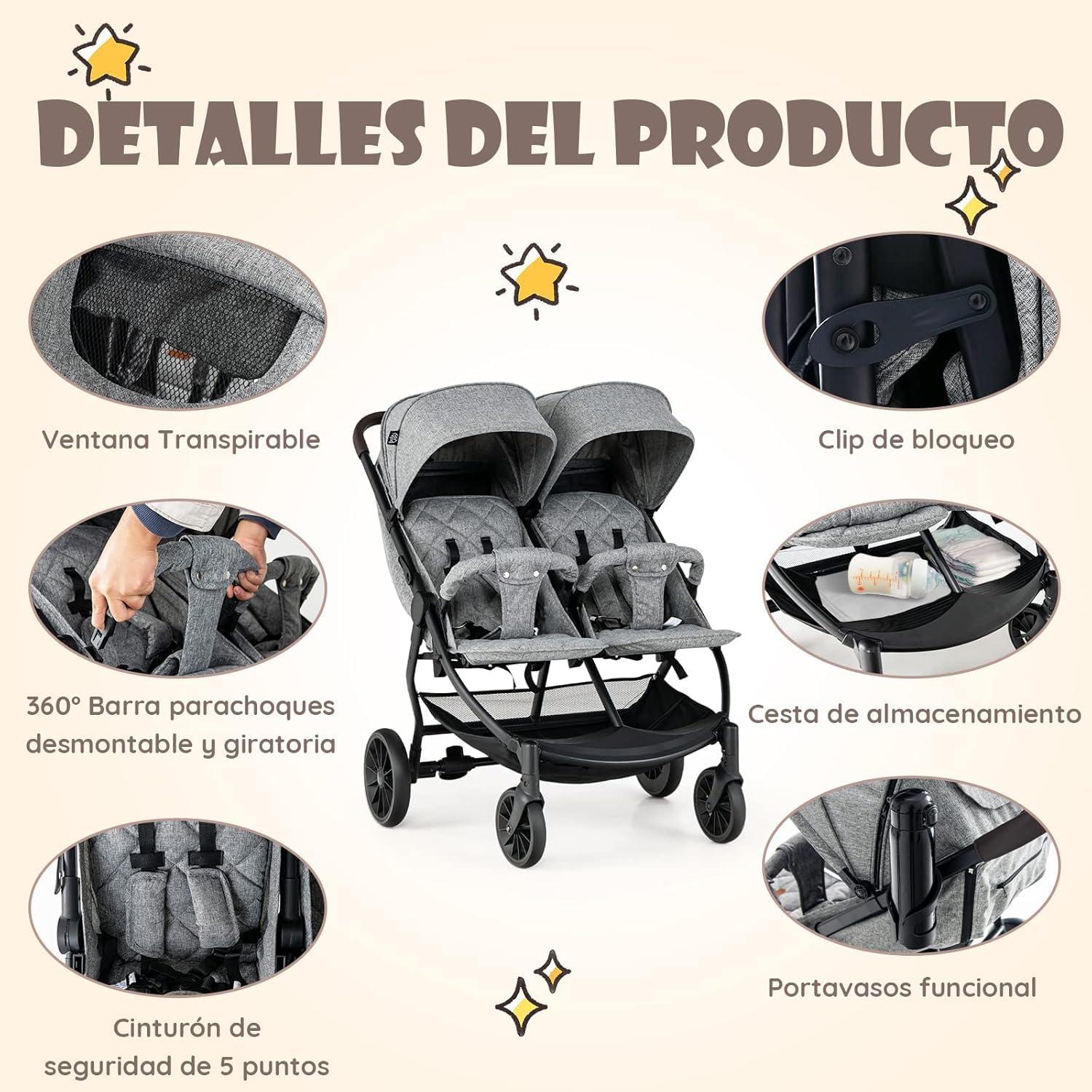 GOPLUS Carrito Bebe Gemelos, Cochecito Doble Plegable con Respaldo y Reposapiés Ajustables, Toldo, Cesta y Cinturón de Seguridad, Silla de Paseo Gemelar Carga 22 kg, Bebés de 0-3 Años (Gris Claro)