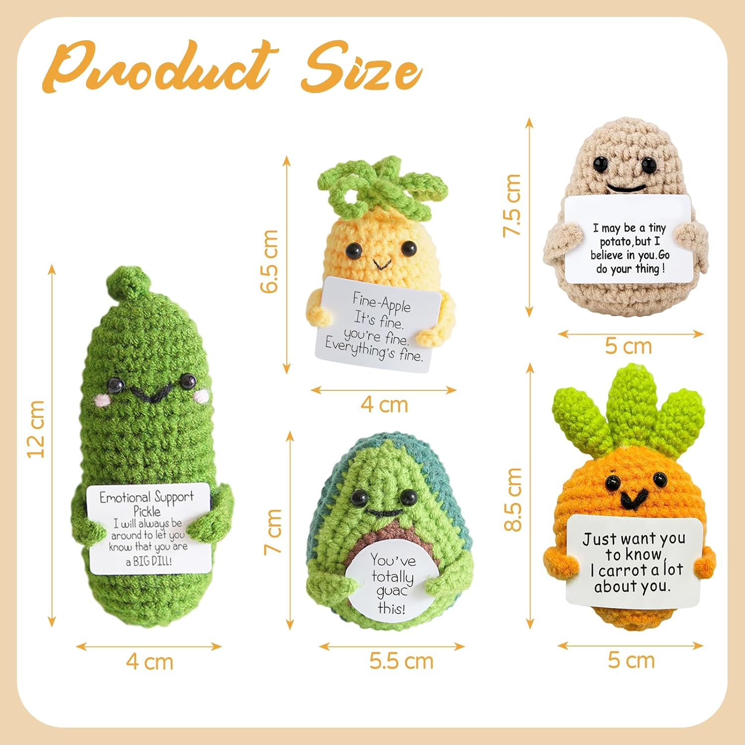 Positive Crochet Doll,Emotional Support Crochet Gift,5PCS Encouragement Support Vegetables and Fruits Knitted Dolls with Positive Card