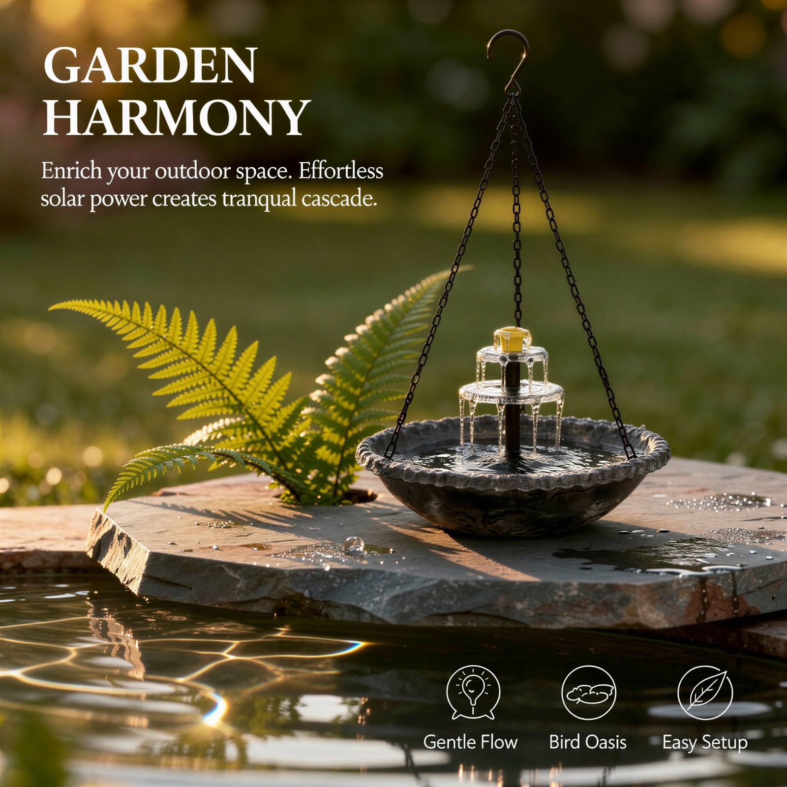 Fontana solare da appendere per uccelli a cascata, vasca per uccelli sospesa con pompa solare e 6 ugelli, fontana decorativa a colibrì per esterni, giardino, cortile, patio, design a cascata, grigio